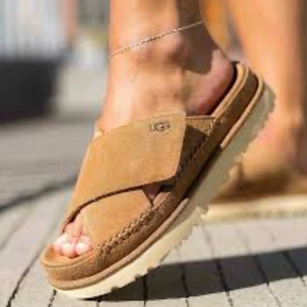UGG womens Goldenstar Cross Slide Platform Suede Leather Crisscross Slides - Picture 1 of 10